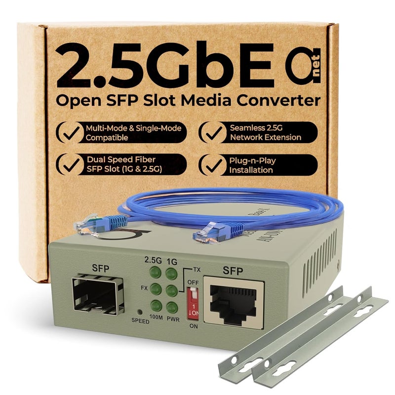 ADNET 2.5G Ethernet to Fiber Media Converter | Dual Fiber SFP Slot Configurable for 1G & 2.5G | Multi-Mode & Single-Mode Optic Fiber Compatible, 2.5GBe 1Gbe 100Mbps Autosensing RJ-45 - Image 1